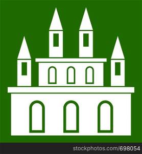 Medieval castle icon white isolated on green background. Vector illustration. Medieval castle icon green