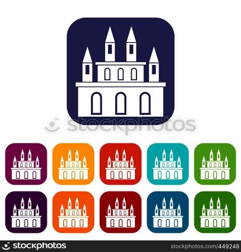 Medieval castle icons set vector illustration in flat style In colors red, blue, green and other. Medieval castle icons set flat