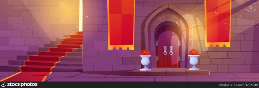 Medieval castle interior, wooden arched door with potted flowers, stone stairs with red carpet and brick wall, entry to palace with sunlight fall through window. Fairytale Cartoon vector scene. Medieval castle interior with wooden arched door