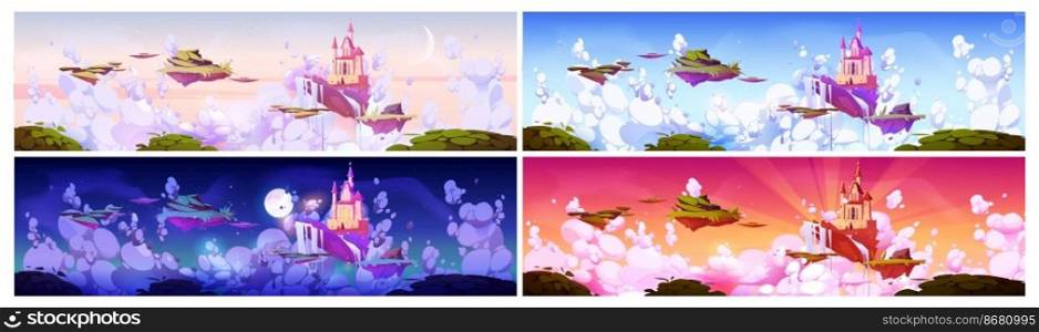 Medieval castle on floating islands at different time of day. Fantasy landscape with royal palace, waterfall and grass flying in sky in early morning, night, sunset and noon, vector cartoon scene. Castle on floating island at different time of day