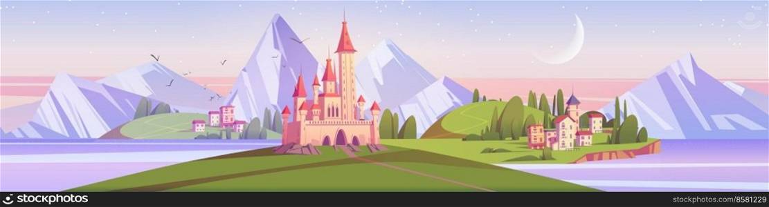 Medieval castle on island in sea at early morning. Summer mediterranean landscape of ocean shore, old city buildings, royal palace and mountains on horizon, vector cartoon illustration. Medieval castle on island in sea at early morning