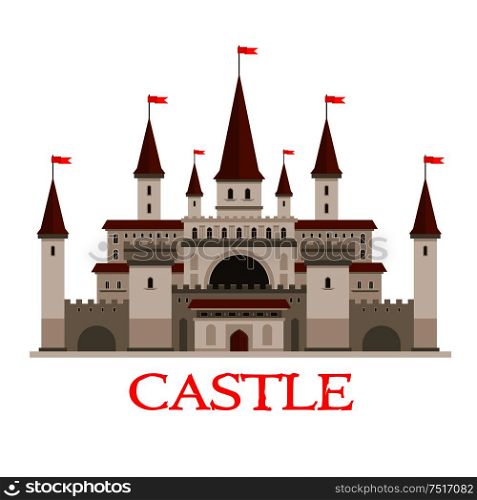 Medieval castle or fortress icon with red flags on conical turrets, arched windows and entrance, strong walls with flanking towers and wooden gate. Use as history or architecture theme design. Medieval castle or fortress with red flags icon