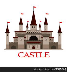 Medieval castle or fortress icon with red flags on conical turrets, arched windows and entrance, strong walls with flanking towers and wooden gate. Use as history or architecture theme design. Medieval castle or fortress with red flags icon