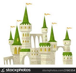Medieval castle with green roofs. Fairytale palace towers isolated on white background. Medieval castle with green roofs. Fairytale palace towers