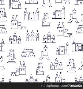 Medieval castles, fortress, bastions isolated on white seamless background pattern. Vector illustration. Medieval castles, fortress, bastions seamless pattern