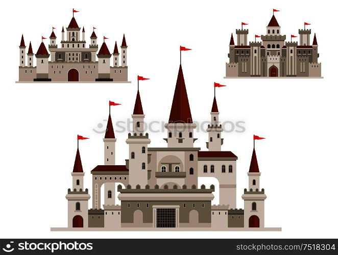 Medieval castles of fairytale kingdom palace, fortified fortress of brave king and royal residence with walls and towers, vintage arched windows with balconies, turrets with flags. Fortified castle, fairy palace and fortress