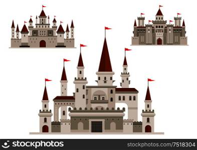 Medieval castles of fairytale kingdom palace, fortified fortress of brave king and royal residence with walls and towers, vintage arched windows with balconies, turrets with flags. Fortified castle, fairy palace and fortress