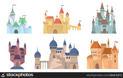 Medieval castles set. Fairytale fortresses and towers with flags. Ancient mansion buildings in gothic style. Can be used for architecture, fantasy, kingdom, online game concept