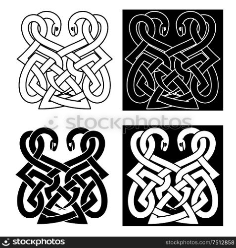 Medieval celtic ornament with two intertwined snakes with traditional tribal elements