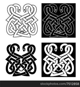 Medieval celtic ornament with two intertwined snakes with traditional tribal elements