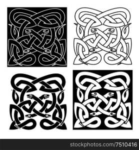 Medieval celtic reptile knot pattern with mythical snakes, for tattoo or t-shirt design