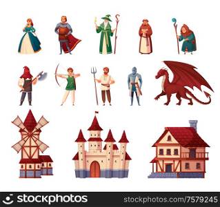 Medieval characters cartoon set with castle and mill isolated vector illustration