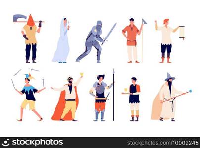 Medieval characters. Fairy and knight, peasant and executioner, wizard and king, warrior and joker fairytale cartoon vector set. Illustration of magician and viking, fairytale knight and king. Medieval characters. Fairy and knight, peasant and executioner, wizard and king, warrior and joker fairytale cartoon vector set