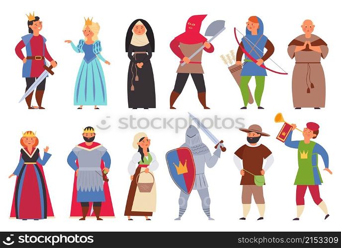 Medieval characters. Flat knight, man king and princess. Cute boy, actors in costumes. Cartoon peasant archer, decent historical vector persons. Illustration princess and knight, archer and priest. Medieval characters. Flat knight, man king and princess. Cute boy, actors in costumes. Cartoon peasant archer, decent historical vector persons