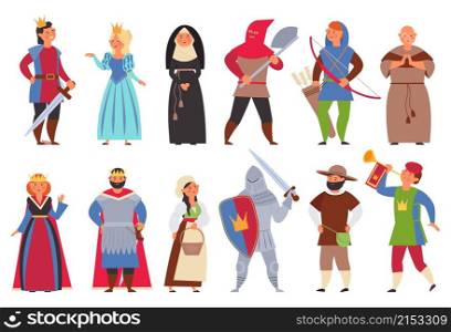Medieval characters. Flat knight, man king and princess. Cute boy, actors in costumes. Cartoon peasant archer, decent historical vector persons. Illustration princess and knight, archer and priest. Medieval characters. Flat knight, man king and princess. Cute boy, actors in costumes. Cartoon peasant archer, decent historical vector persons