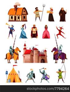 Medieval characters historical buildings cartoon icons set with castle ridders tent peasant king knight princess isolated vector illustration . Medieval Characters Buildings Icons Set