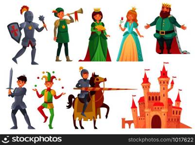 Medieval characters. Royal knight with lance on horseback, princess, kingdom king and queen, historical renaissance chivalry and nobility fairytale isolated vector icons character set. Medieval characters. Royal knight with lance on horseback, princess, kingdom king and queen isolated vector character set