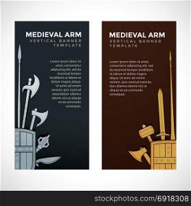 medieval cold steel arms banners. vector silver gold color various medieval cold steel arms decorative vertical banner templates dark backgrounds