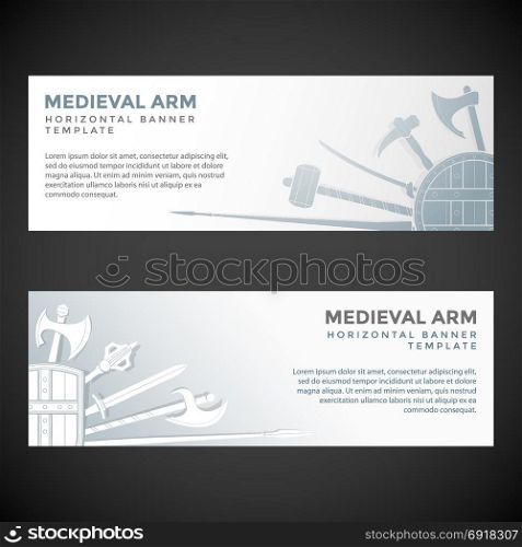 medieval cold steel arms banners. vector silver white color various medieval cold steel arms decorative horizontal banner templates light backgrounds
