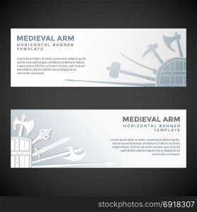 medieval cold steel arms banners. vector silver white color various medieval cold steel arms decorative horizontal banner templates light backgrounds