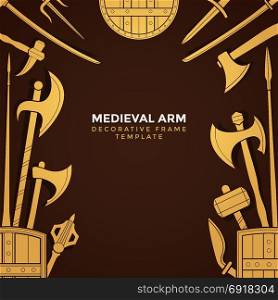 medieval cold steel arms frame. vector gold yellow color various medieval cold steel arms decorative frame template isolated on dark brown background