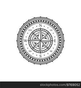 Medieval compass sign, geography symbol. Travel direction icon, navigation rose wind vintage vector symbol. Marine travel medieval sign or antique map windrose star emblem. Medieval compass sign, geography vector symbol