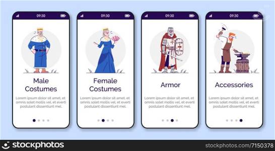 Medieval costumes, armor, accessories onboarding mobile app page screen vector template. Walkthrough website steps with flat cartoon characters. UX, UI, GUI smartphone cartoon interface concept