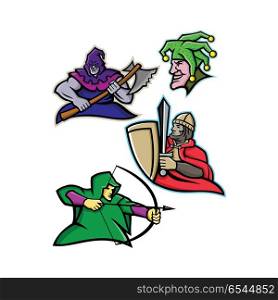 Medieval Court Character Mascot Collection. Mascot icon illustration set of a king or royal medieval court persons or characters like the hooded executioner, court jester, fool or joker, medieval knight and the medieval archer on isolated background in retro style.. Medieval Court Character Mascot Collection