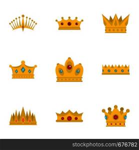 Medieval crown icon set. Flat set of 9 medieval crown vector icons for web isolated on white background. Medieval crown icon set, flat style