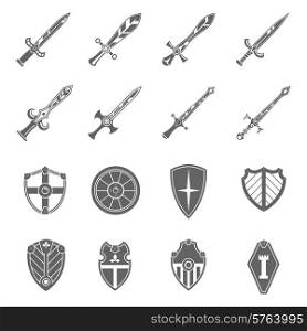 Medieval crusader heraldic battle shields and historic templar knights long steel swords black abstract isolated vector illustration. Shield swords emblems icons set