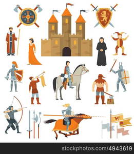 Medieval Decorative Icons Set. Medieval isolated decorative icons set of knightly castle crusader flags emblems knights on horseback with ancient weapon flat vector illustration