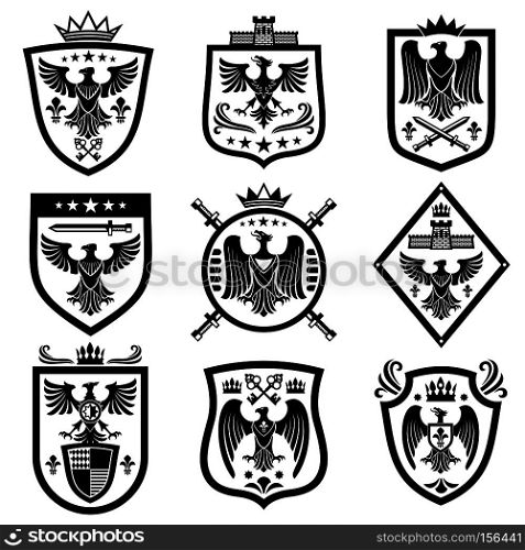 Medieval eagle heraldry coat of arms, emblems, badges. Monochrome heraldic emblem with eagle on shield illustration. Medieval eagle heraldry coat of arms, emblems, badges