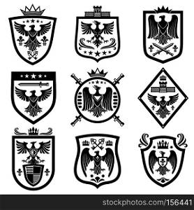 Medieval eagle heraldry coat of arms, emblems, badges. Monochrome heraldic emblem with eagle on shield illustration. Medieval eagle heraldry coat of arms, emblems, badges