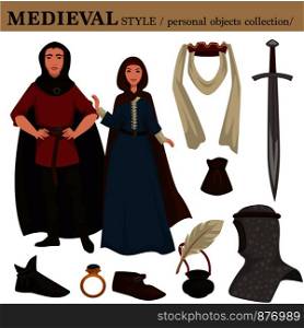 Medieval European old retro fashion style of man knight and woman clothes garments and personal accessories. Vector Middle Age ancient century dress or suit with shoes and hairstyle. Medieval European old retro fashion style of man knight and woman clothes garments and personal accessories.