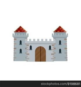 Medieval European stone castle. Knight fortress. Concept of security, protection and defense. Cartoon flat illustration. Military building with walls, gates and big tower.