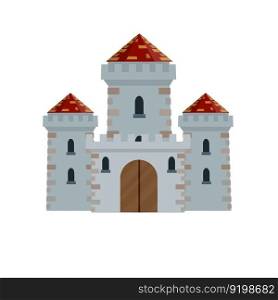 Medieval European stone castle. Knight fortress. Concept of security, protection and defense. Cartoon flat illustration. Military building with walls, gates and big tower.. Medieval European stone castle. Military building with walls
