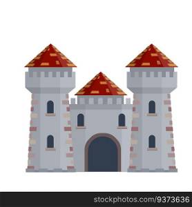 Medieval European stone castle. Knight fortress. Concept of security, protection and defense. Cartoon flat illustration. Military building with walls, gates and big tower.. Medieval European stone castle.