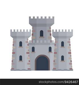 Medieval European stone castle. Knight fortress. Concept of security, protection and defense. Cartoon flat illustration. Military building with walls, gates and big tower.