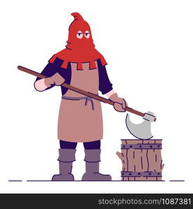 Medieval executioner flat vector illustration. Historical headsman with axe wearing red mask isolated cartoon character with outline elements on white background. Middle age personage