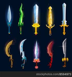 Medieval fantasy magic blades, swords, axes, daggers and sabres. Cartoon knight weapon icons game asset. Vector magical swords and knives with gemstones, claws and fangs on hilts, ui or gui design. Medieval fantasy magic blades, swords and daggers