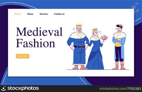 Medieval fashion landing page vector template. Middle Ages clothing trends website interface idea with flat illustrations. Ancient history homepage layout. Web banner, webpage cartoon concept