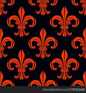 Medieval fiery orange royal lilies seamless pattern with victorian fleur-de-lis floral scrolls on blue background. For interior accessories or textile design usage. Seamless pattern with fleur-de-lis floral scrolls