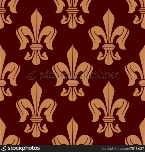 Medieval floral seamless fleur-de-lis pattern of delicate peach french royal lilies, adorned by victorian flourishes over red background. Use as vintage wallpaper, embellishment or heraldry design . Delicate peach seamless fleur-de-lis pattern