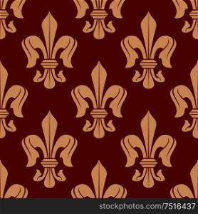 Medieval floral seamless fleur-de-lis pattern of delicate peach french royal lilies, adorned by victorian flourishes over red background. Use as vintage wallpaper, embellishment or heraldry design . Delicate peach seamless fleur-de-lis pattern