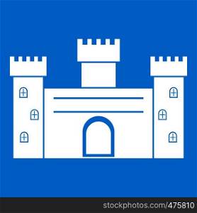 Medieval fortification icon white isolated on blue background vector illustration. Medieval fortification icon white