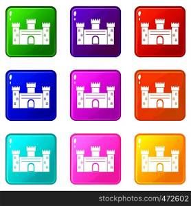 Medieval fortification icons of 9 color set isolated vector illustration. Medieval fortification icons 9 set