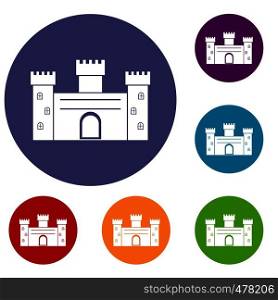 Medieval fortification icons set in flat circle red, blue and green color for web. Medieval fortification icons set