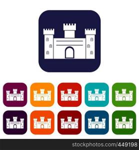 Medieval fortification icons set vector illustration in flat style In colors red, blue, green and other. Medieval fortification icons set flat