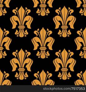 Medieval french seamless fleur-de-lis pattern with golden floral ornament on black background ornate decorated by elegant curved leaves and flourishes. Great for wallpaper or upholstery design. Golden and black seamless fleur-de-lis pattern