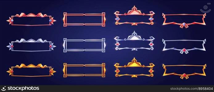 Medieval game frame, ui metal fantasy border, golden, silver or bronze button decorated with gemstones, vector icons isolated. Ancient rectangle banner, old vintage rank sign or empty item bar cartoon. Medieval game frame, ui metal fantasy border,